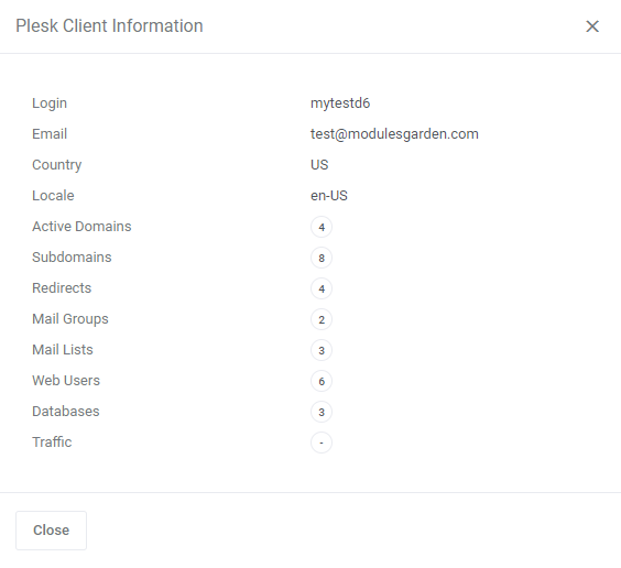 Plesk Extended For WHMCS: Plesk Client Information window with login, email, country, domains and databases counts
