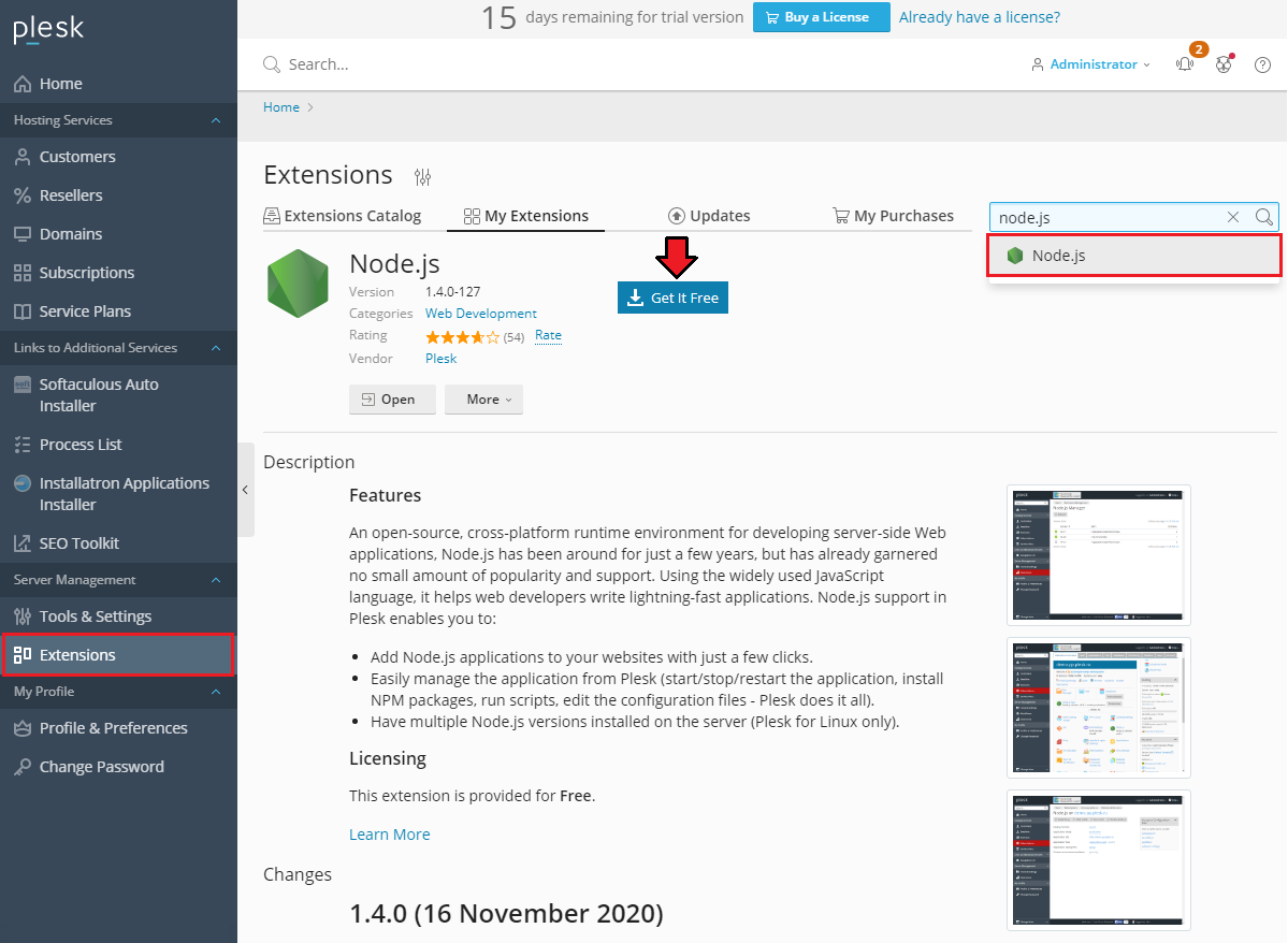 Plesk Extended For WHMCS: Plesk administrator Extensions page with Node.js searched and the Get It Free button