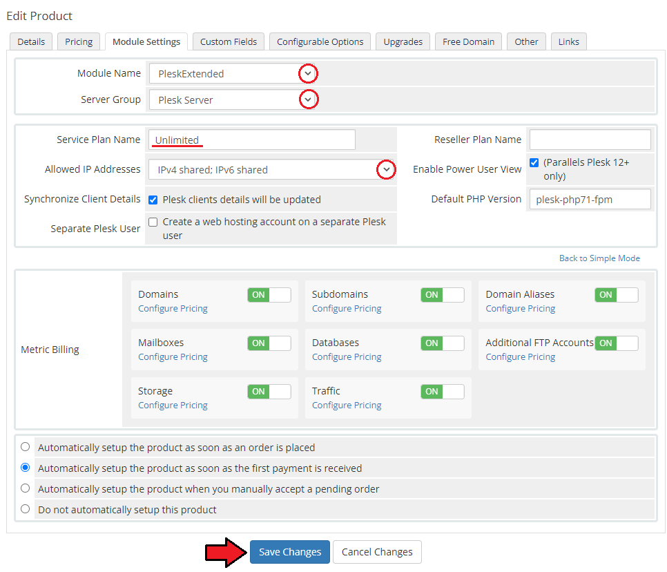 Plesk Extended For WHMCS: WHMCS Edit Product page, Module Settings tab with PleskExtended module, server group and plan