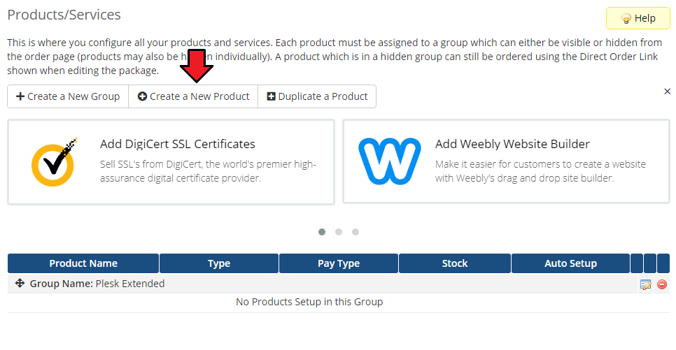 Plesk Extended For WHMCS: WHMCS Products/Services page with the Create a New Product button and the Plesk Extended group