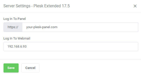 Plesk Extended For WHMCS: Server Settings window with Log In To Panel URL and Log In To Webmail fields and Save button