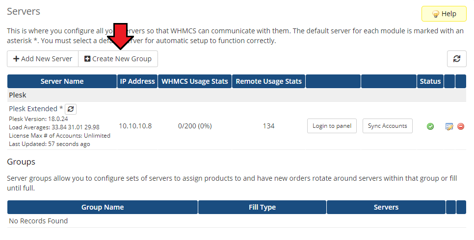 Plesk Extended For WHMCS: WHMCS Servers list with the configured Plesk Extended server and the Create New Group button