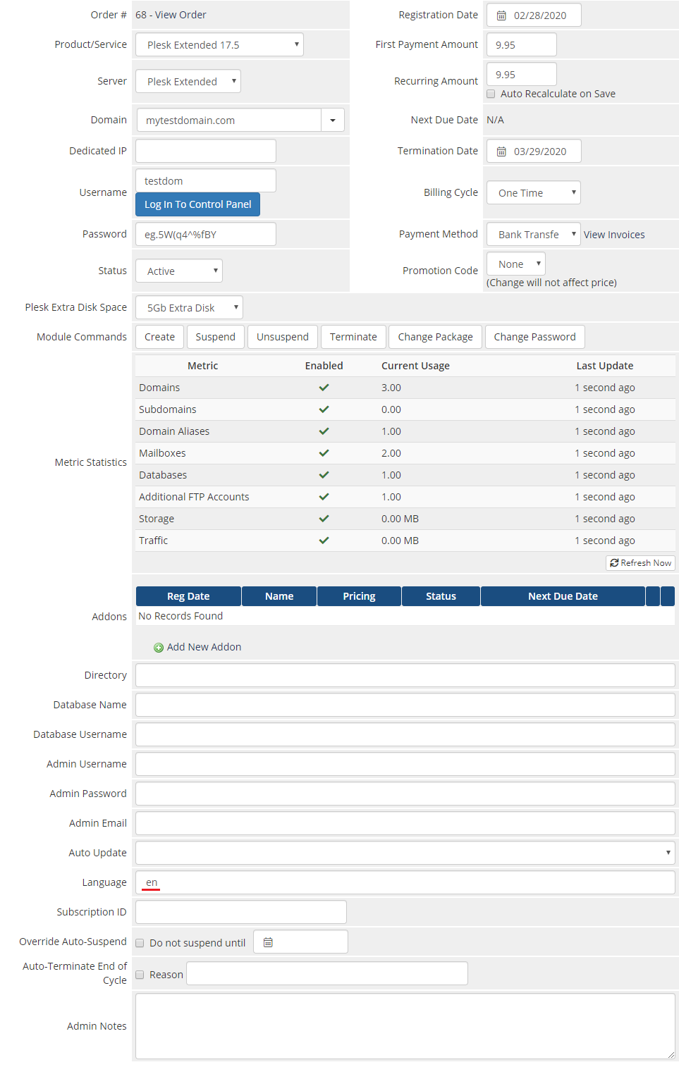 Plesk Extended For WHMCS: WHMCS admin area product details with the Language custom field set to en