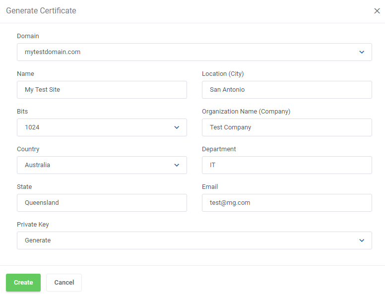 Plesk Extended For WHMCS: Generate Certificate form with domain, name, bits, country, state, city and private key