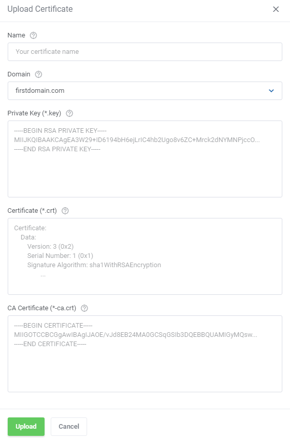 Plesk Extended For WHMCS: Upload Certificate form with name, domain, private key, certificate and CA certificate fields