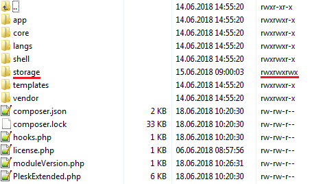 Plesk Extended For WHMCS: file manager with the storage folder permissions set to rwxrwxrwx