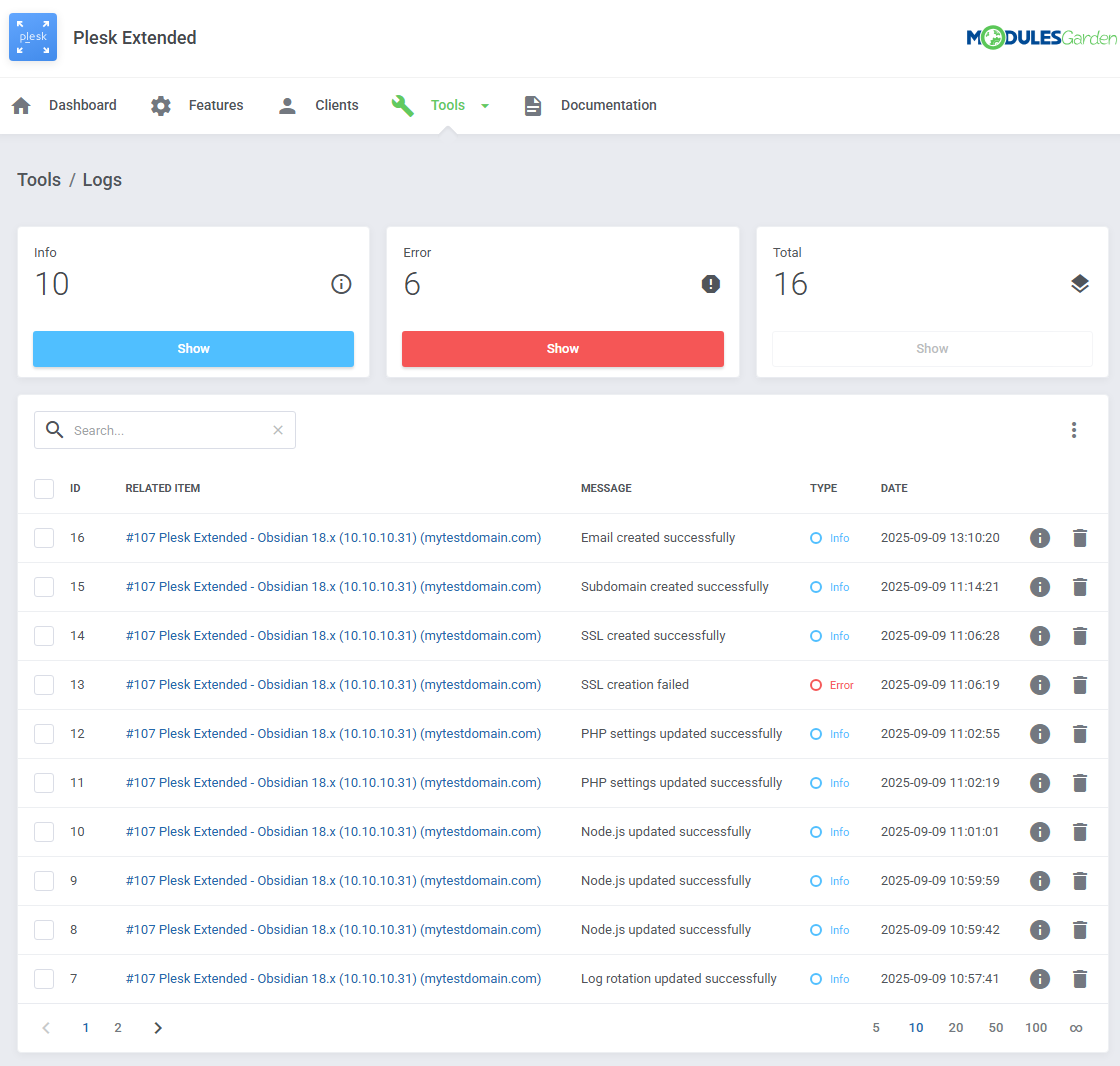 Plesk Extended For WHMCS: Tools Logs page with Info and Error counters and a table of log entries