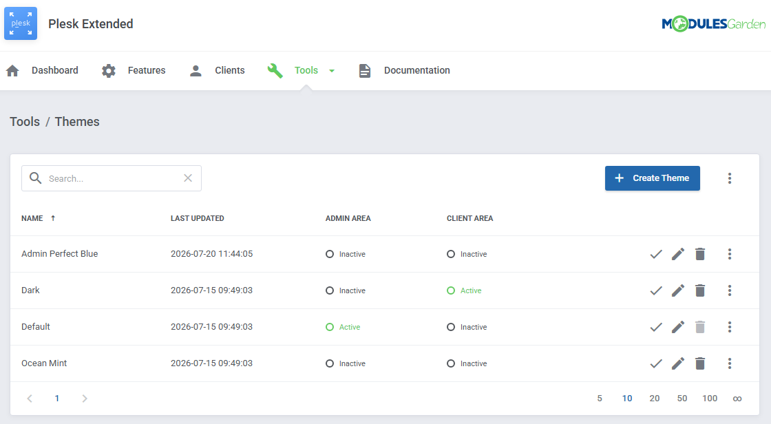 Plesk Extended For WHMCS: Tools Themes page with the list of themes and their admin and client area status