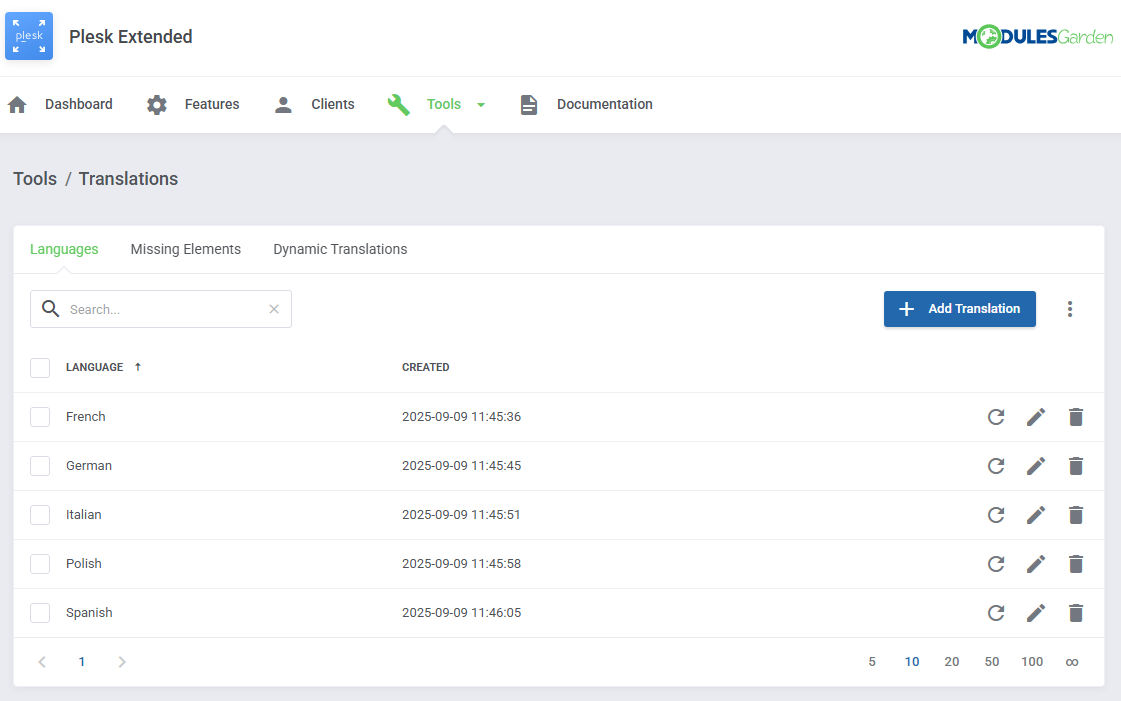 Plesk Extended For WHMCS: Tools Translations page with the Languages tab and a list of added translations
