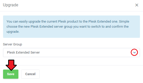 Plesk Extended For WHMCS: Upgrade dialog with the Plesk Extended server group selected and the Save button