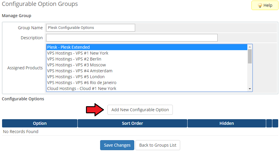 Plesk Extended For WHMCS: WHMCS Manage Group page with the Add New Configurable Option button