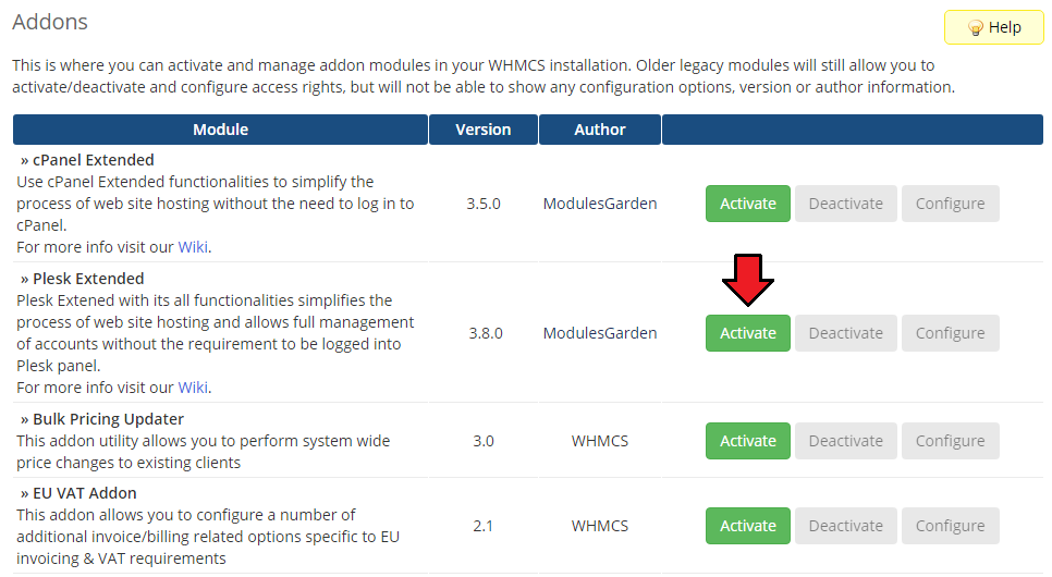 Plesk Extended For WHMCS: WHMCS Addon Modules list with the Activate button next to Plesk Extended
