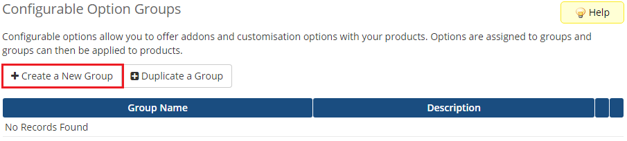 Plesk Extended For WHMCS: WHMCS Configurable Option Groups page with the Create a New Group button