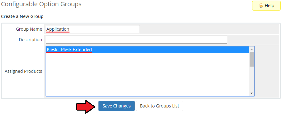 Plesk Extended For WHMCS: WHMCS new option group form with group name, Plesk Extended product and Save Changes