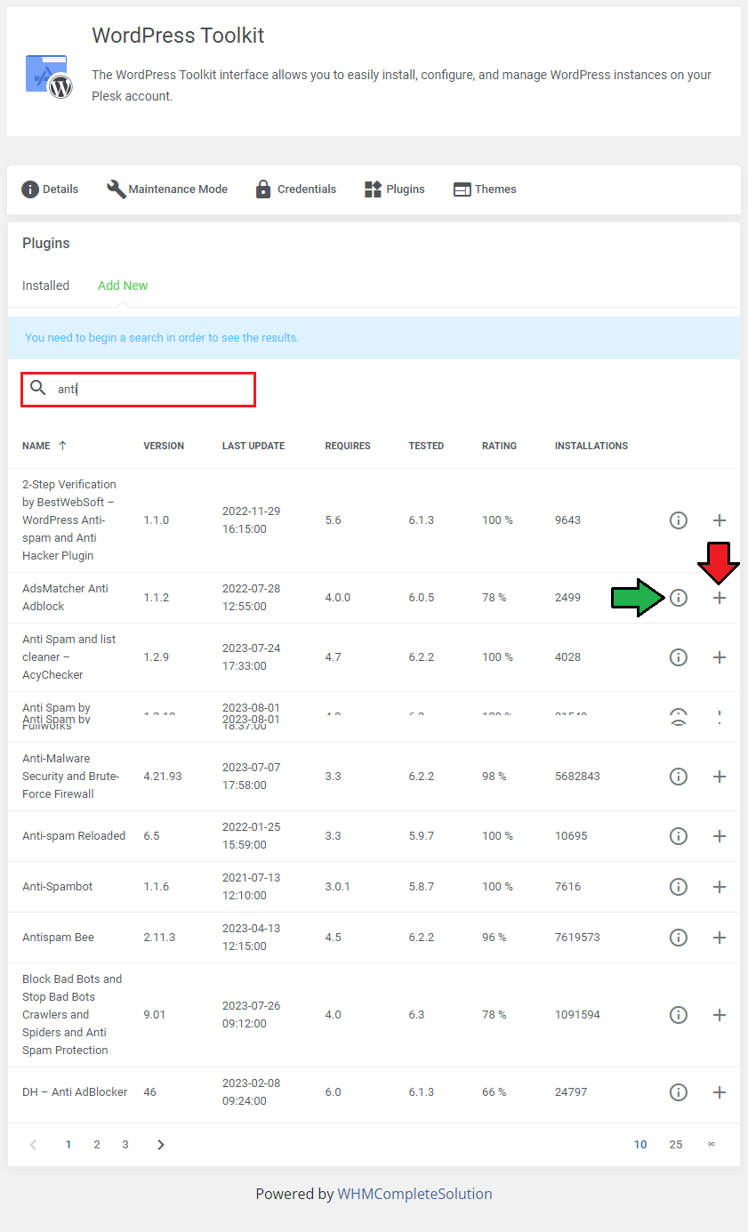 Plesk Extended For WHMCS: WordPress Toolkit Plugins Add New tab with a search for anti and plugin details buttons