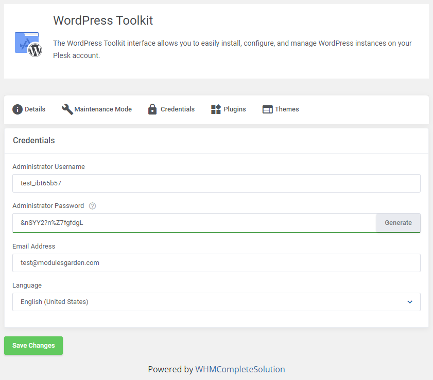 Plesk Extended For WHMCS: WordPress Toolkit Credentials tab with administrator username, password, email and language