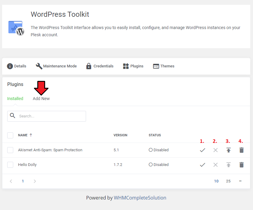 Plesk Extended For WHMCS: WordPress Toolkit Plugins tab listing installed plugins with enable, disable, update and