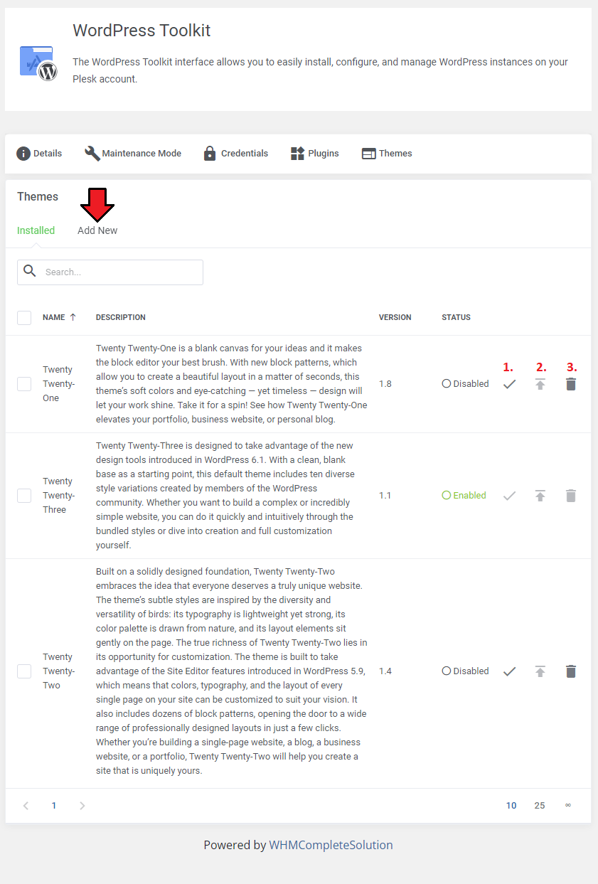 Plesk Extended For WHMCS: WordPress Toolkit Themes tab listing installed themes with enable, update and delete icons