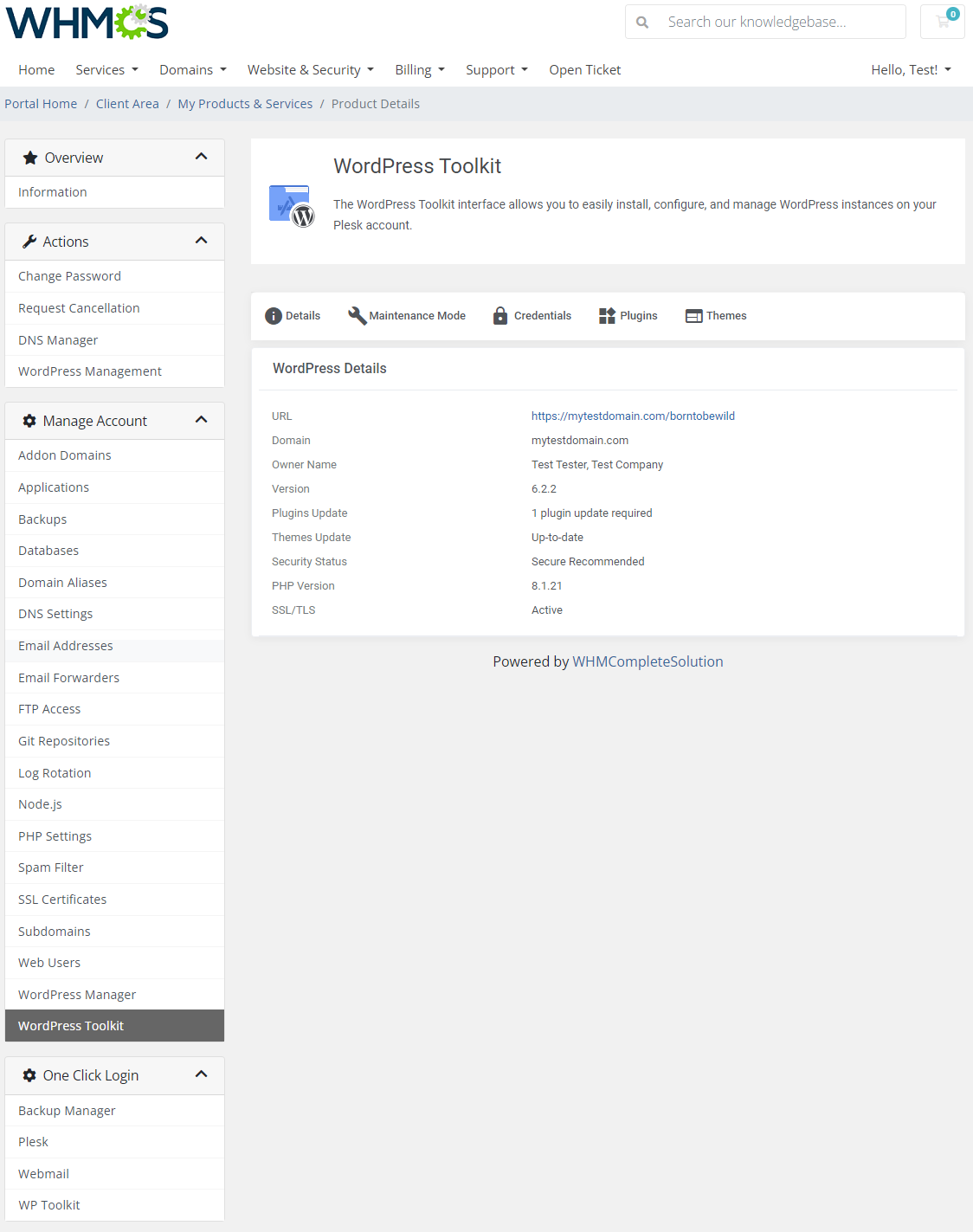 Plesk Extended For WHMCS: WordPress Details tab with URL, domain, owner, version, updates, PHP version and SSL/TLS