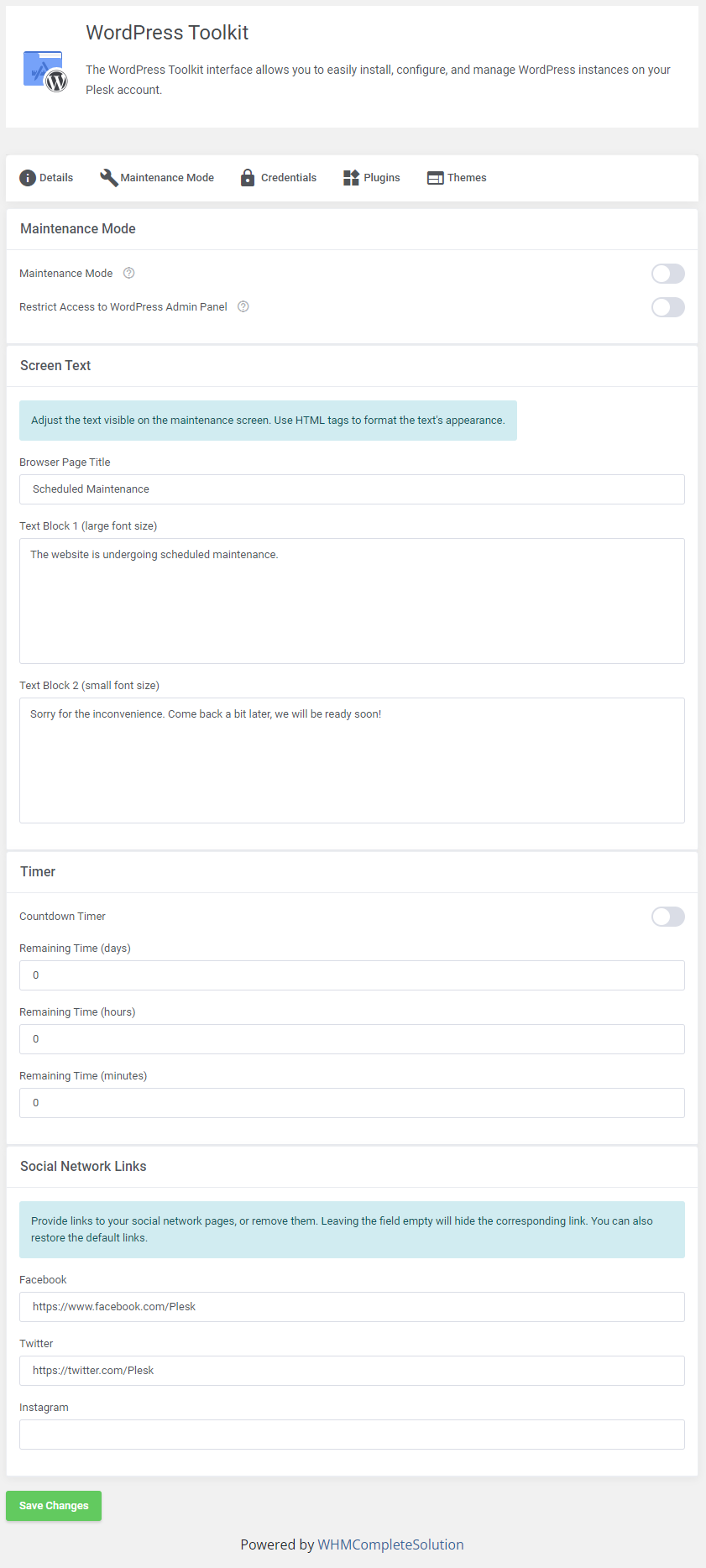 Plesk Extended For WHMCS: WordPress Toolkit Maintenance Mode tab with screen text, timer and social network links
