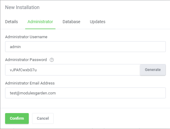 Plesk Extended For WHMCS: New Installation window, Administrator tab with username, generated password and email