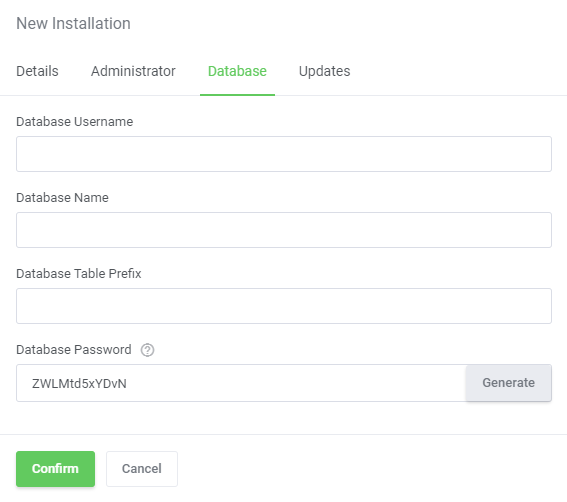 Plesk Extended For WHMCS: New Installation window, Database tab with user, name, table prefix and password fields