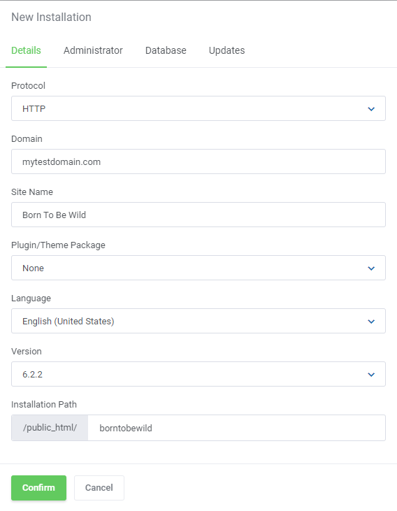Plesk Extended For WHMCS: New Installation window, Details tab with protocol, domain, site name, language and path