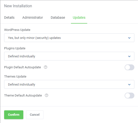 Plesk Extended For WHMCS: New Installation window, Updates tab with WordPress, plugin and theme autoupdate options