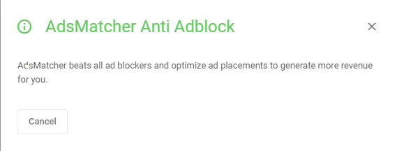 Plesk Extended For WHMCS: Plugin details window for AdsMatcher Anti Adblock with a short description and Cancel button