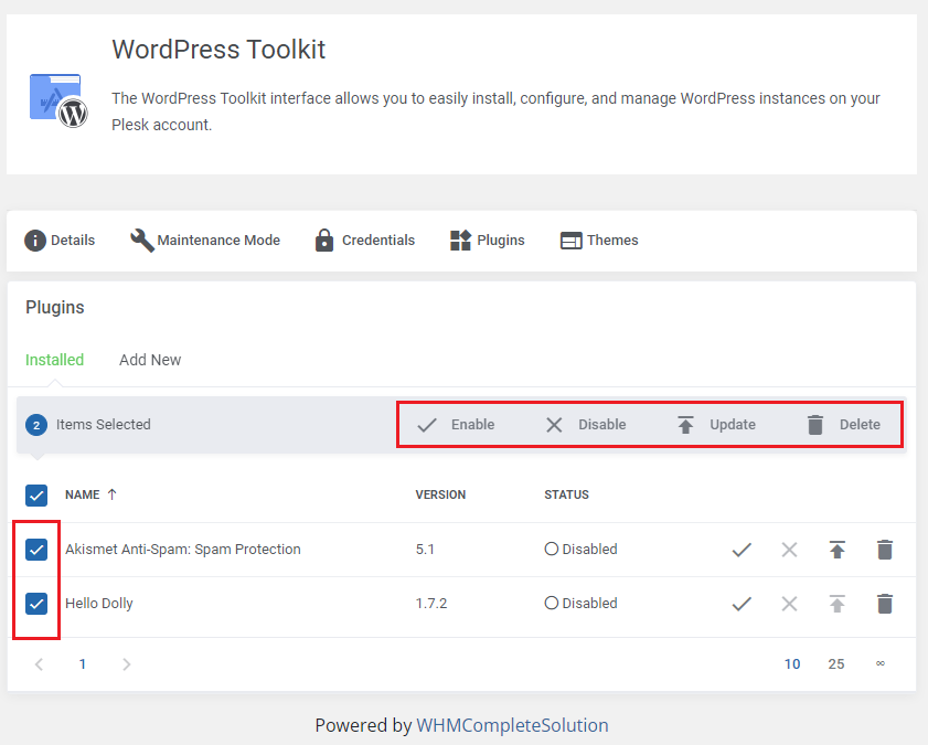 Plesk Extended For WHMCS: WordPress Toolkit installed plugins with two selected and mass Enable, Disable, Update, Delete