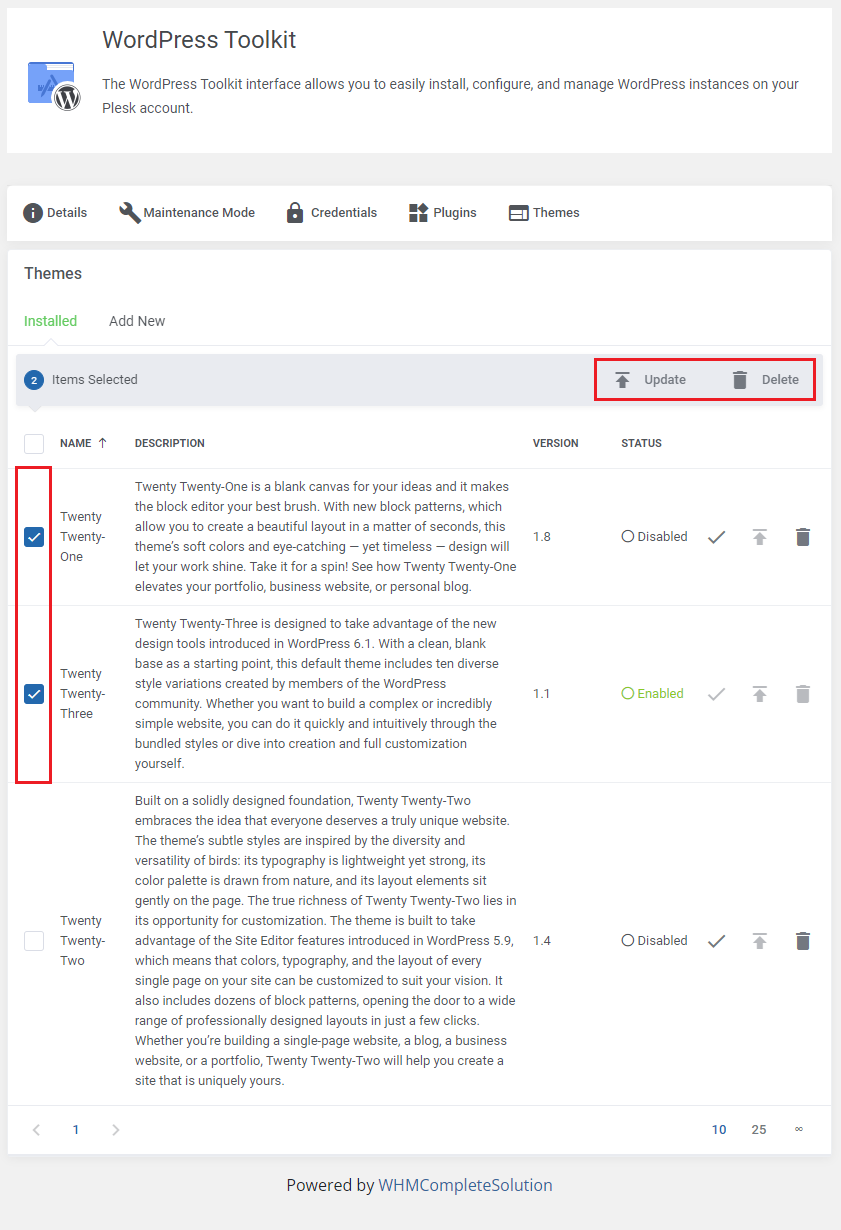 Plesk Extended For WHMCS: WordPress Toolkit installed themes with two selected and the mass Update and Delete bar