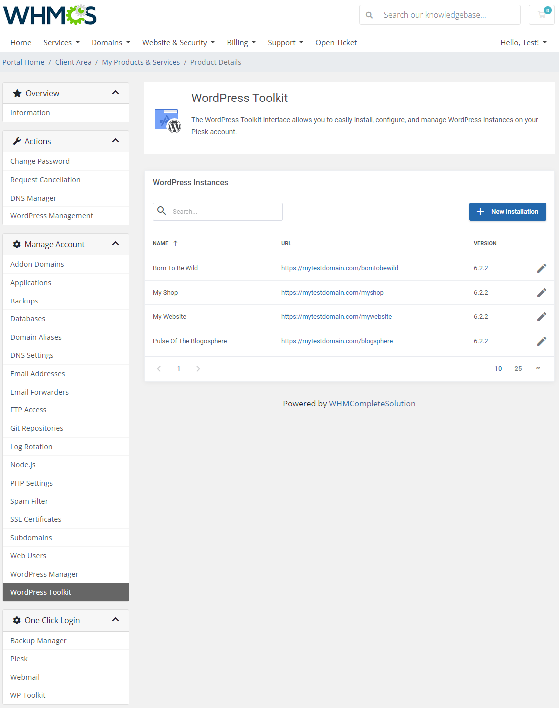 Plesk Extended For WHMCS: WordPress Toolkit instances list with installation names, URLs, versions and edit icons