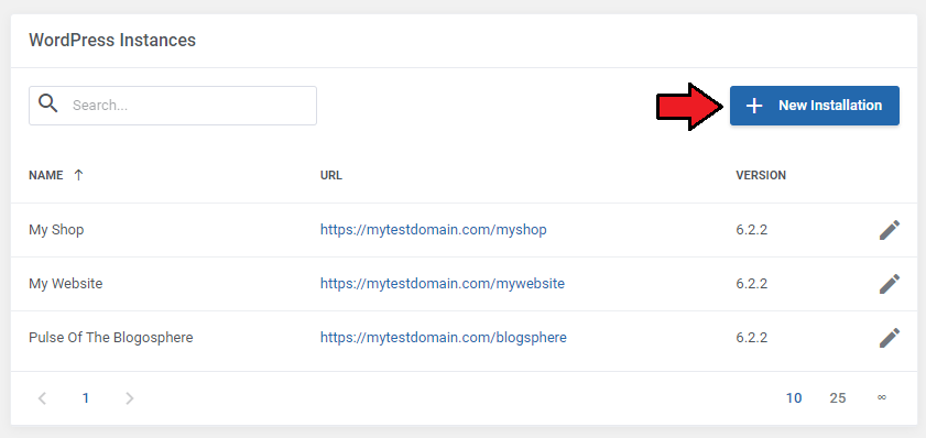 Plesk Extended For WHMCS: WordPress Instances table with the New Installation button marked by an arrow