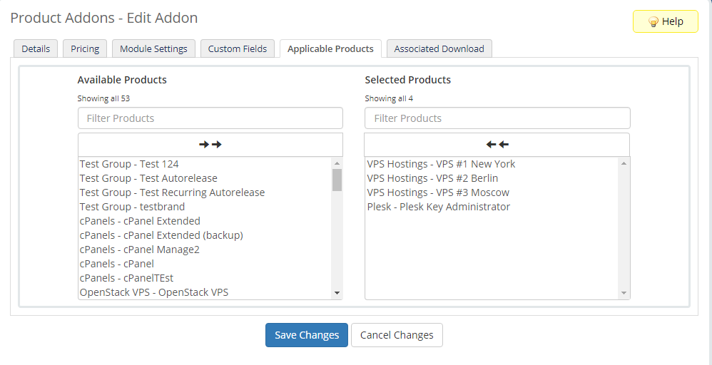 Plesk Key Administrator For WHMCS: addon Applicable Products tab with Plesk Key Administrator in the selected products
