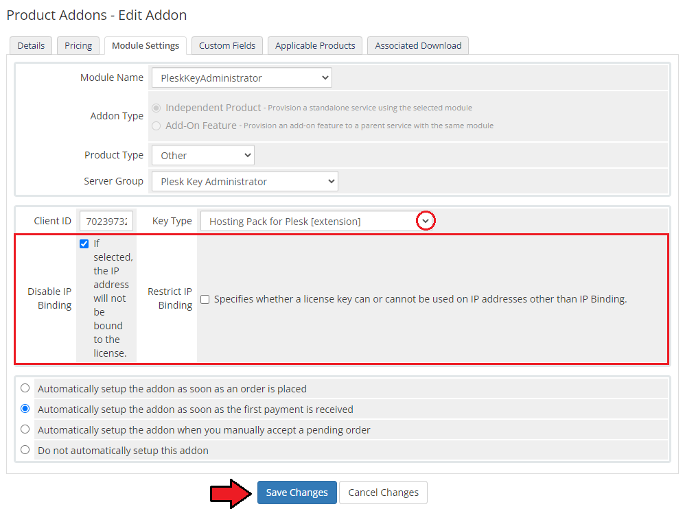 Plesk Key Administrator For WHMCS: addon Module Settings tab with Key Type dropdown and the IP Binding options