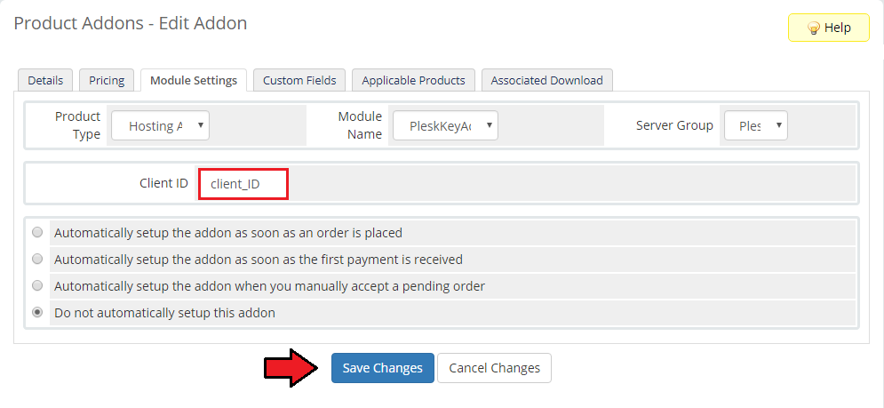 Plesk Key Administrator For WHMCS: addon Module Settings tab with the Client ID field highlighted and the Save Changes