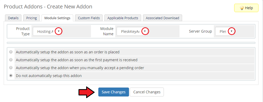 Plesk Key Administrator For WHMCS: addon Module Settings tab with the module name and server group dropdowns highlighted