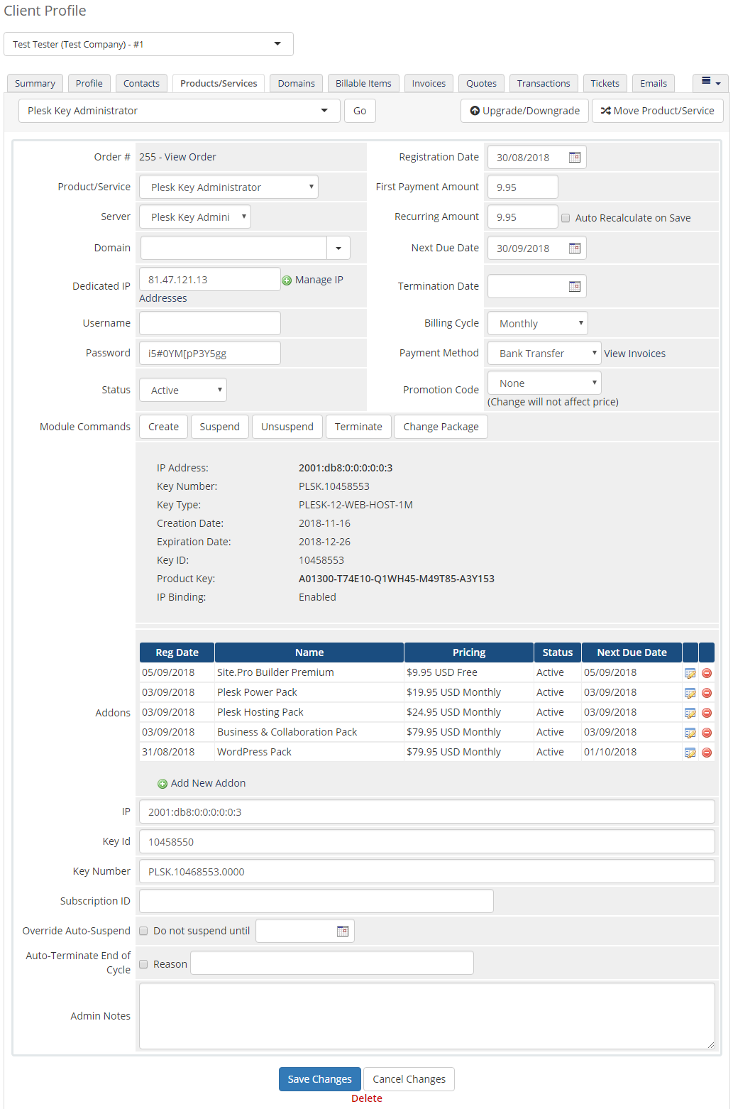 Plesk Key Administrator For WHMCS: WHMCS admin client profile with the Plesk Key Administrator service and license