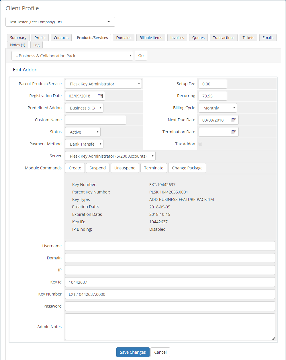 Plesk Key Administrator For WHMCS: WHMCS admin Edit Addon page with license details of a Business and Collaboration Pack