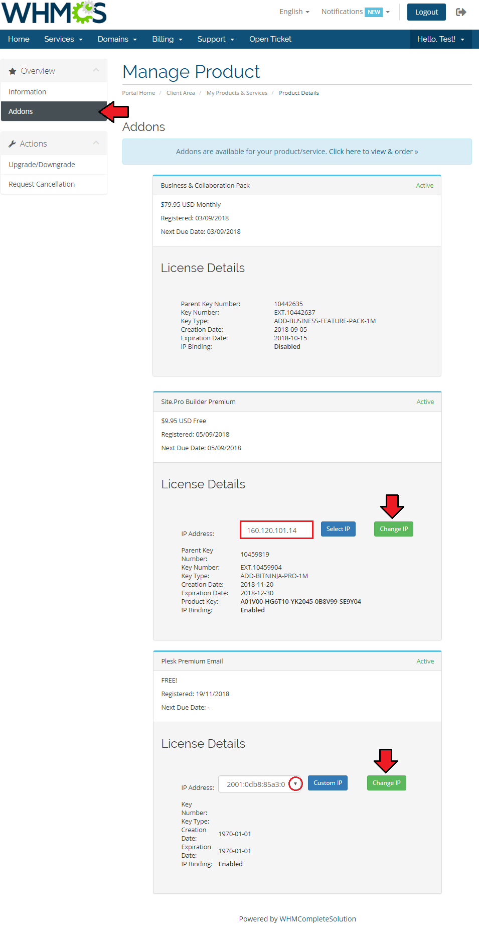 Plesk Key Administrator For WHMCS: client area Addons page with license details and Change IP options for several addons