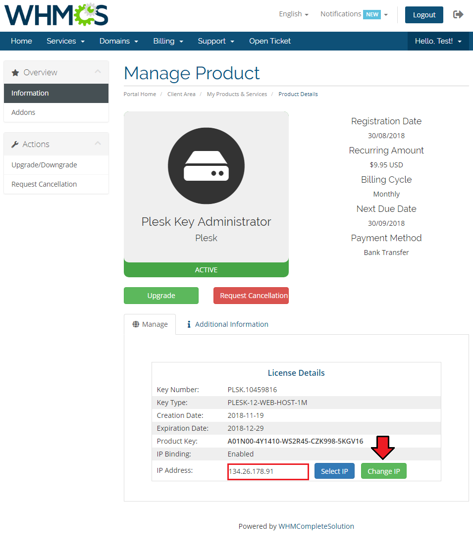 Plesk Key Administrator For WHMCS: client area License Details with a typed IP address and the Change IP button