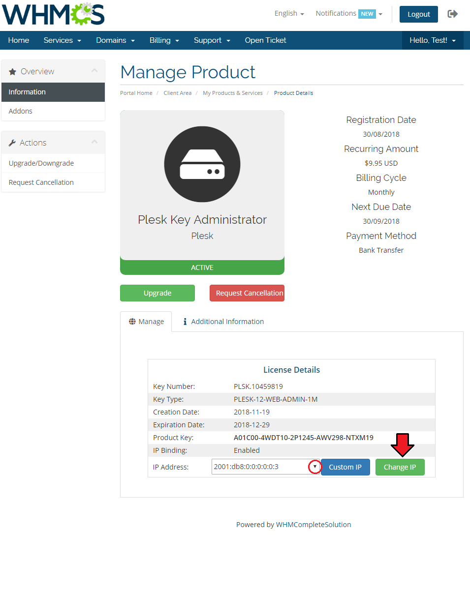 Plesk Key Administrator For WHMCS: client area License Details with the IP dropdown, Custom IP and Change IP buttons