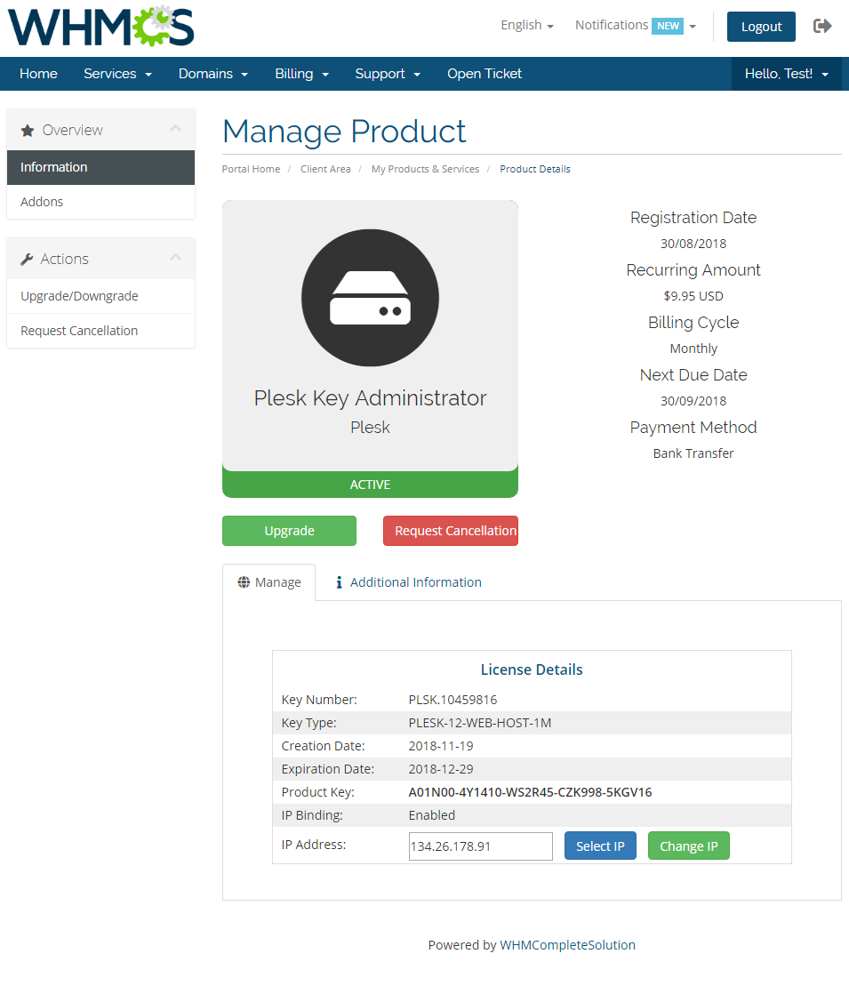 Plesk Key Administrator For WHMCS: client area Manage Product page with License Details, IP address and Change IP button