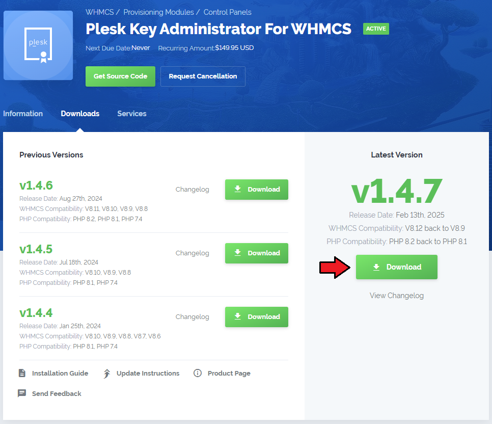 Plesk Key Administrator For WHMCS: client area module page, Downloads tab with the latest version Download button