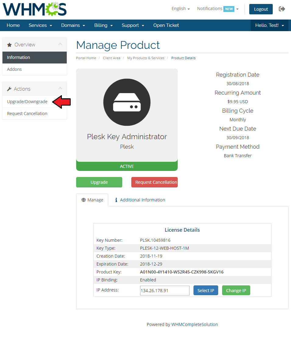 Plesk Key Administrator For WHMCS: client area product page with the Upgrade/Downgrade link in the Actions menu