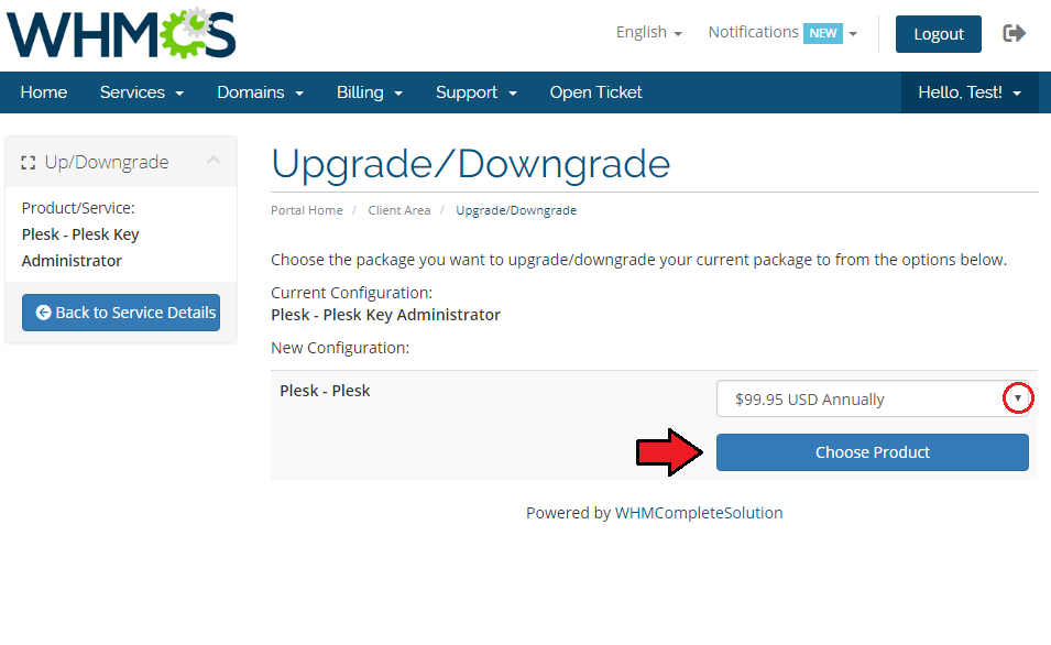 Plesk Key Administrator For WHMCS: client area Upgrade/Downgrade page with a package dropdown and the Choose Product