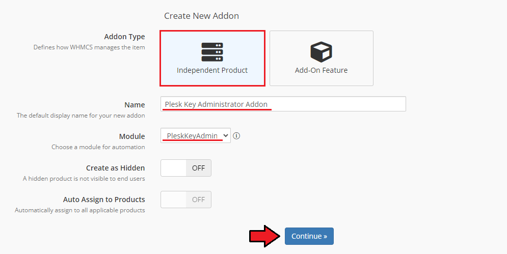 Plesk Key Administrator For WHMCS: Create New Addon form with Independent Product type, addon name and PleskKeyAdmin