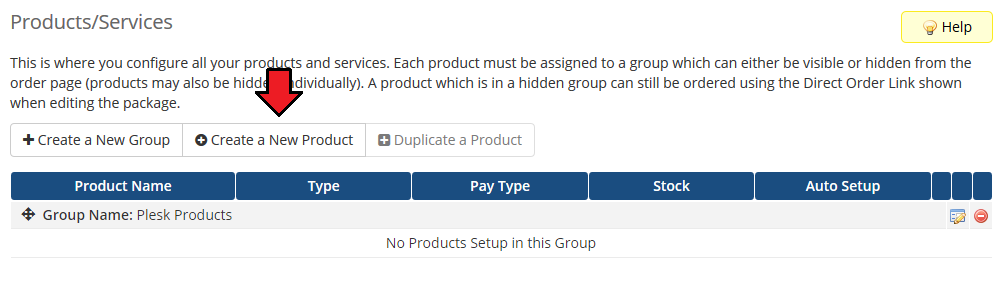 Plesk Key Administrator For WHMCS: WHMCS Products/Services page with the Plesk Products group and Create a New Product