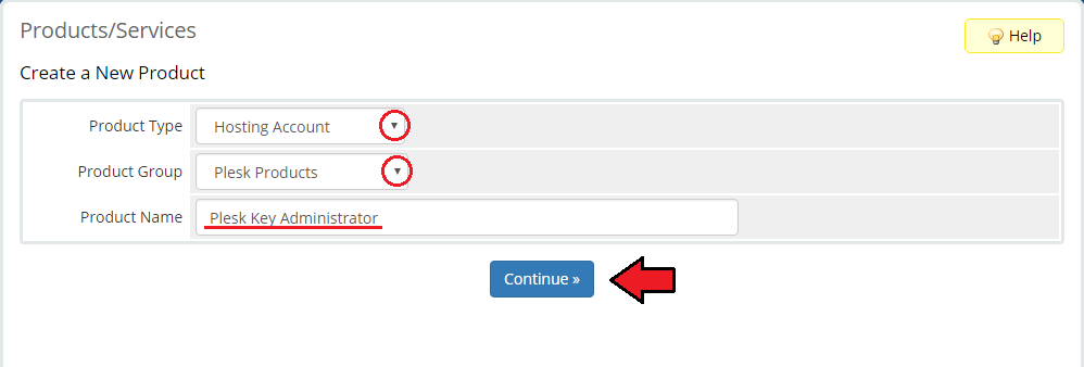 Plesk Key Administrator For WHMCS: WHMCS Create a New Product form with product type, group, name and the Continue