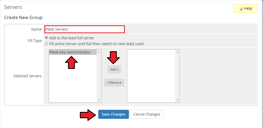 Plesk Key Administrator For WHMCS: WHMCS Create New Group form with a group name and the Plesk Key Administrator server